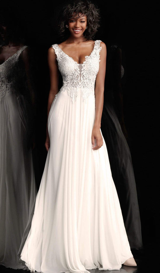 Jovani - JVN64107 Lace Applique Sheer Bodice Scoop Back Prom Dress in White