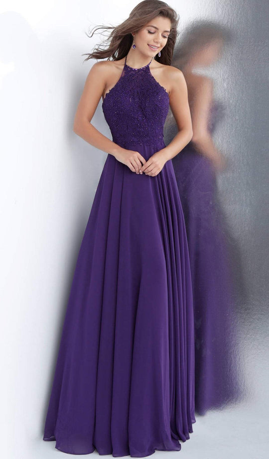 Jovani - JVN64114 Embroidered Halter Neck A-line Dress In Purple