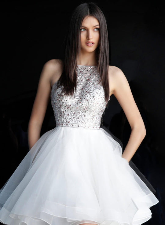 Jovani - Ornate Halter Mesh A-line Dress JVN64115 In White