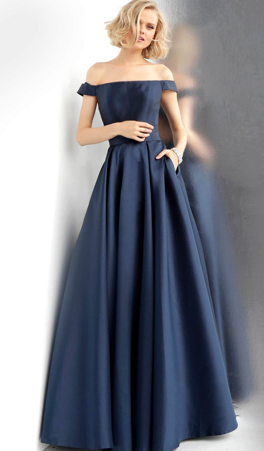 Jovani - JVN64231 Off-Shoulder Ballgown With Cutouts And Bow Details in Blue