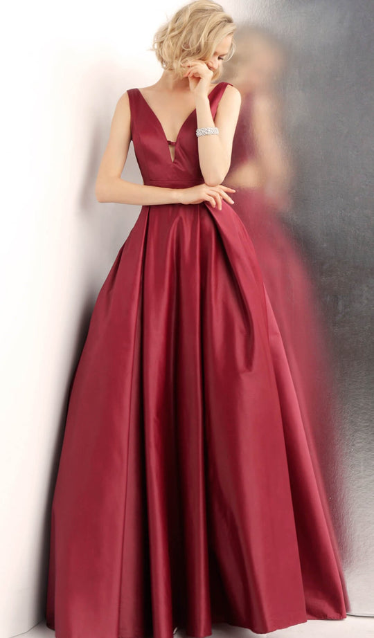 Jovani - JVN65483 Deep V-neck Pleated Ballgown With Cutouts in Red