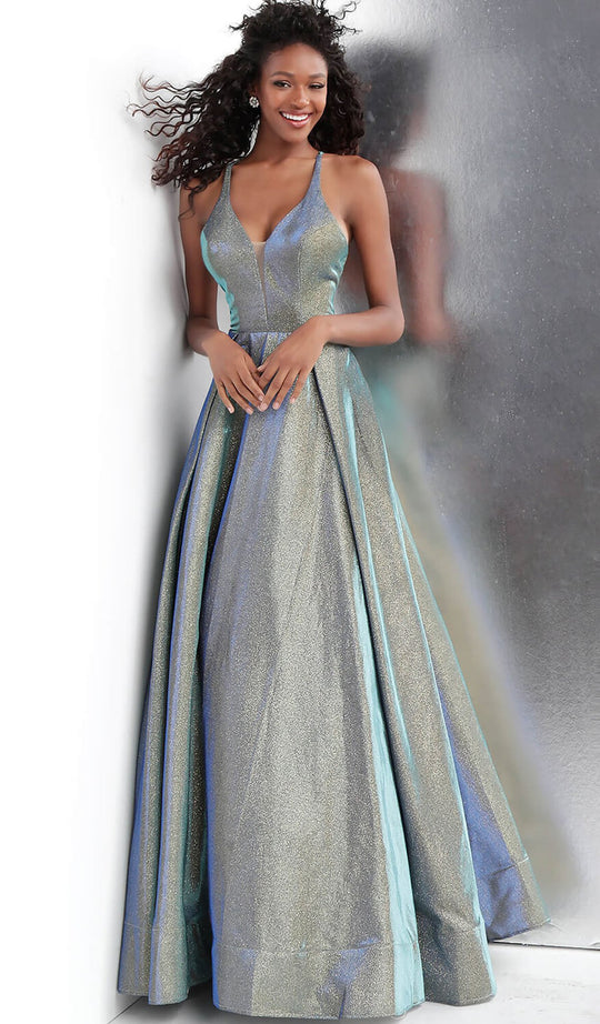 Jovani - JVN65851 Metallic Crisscross Strapped A-Line Gown in Green and Blue