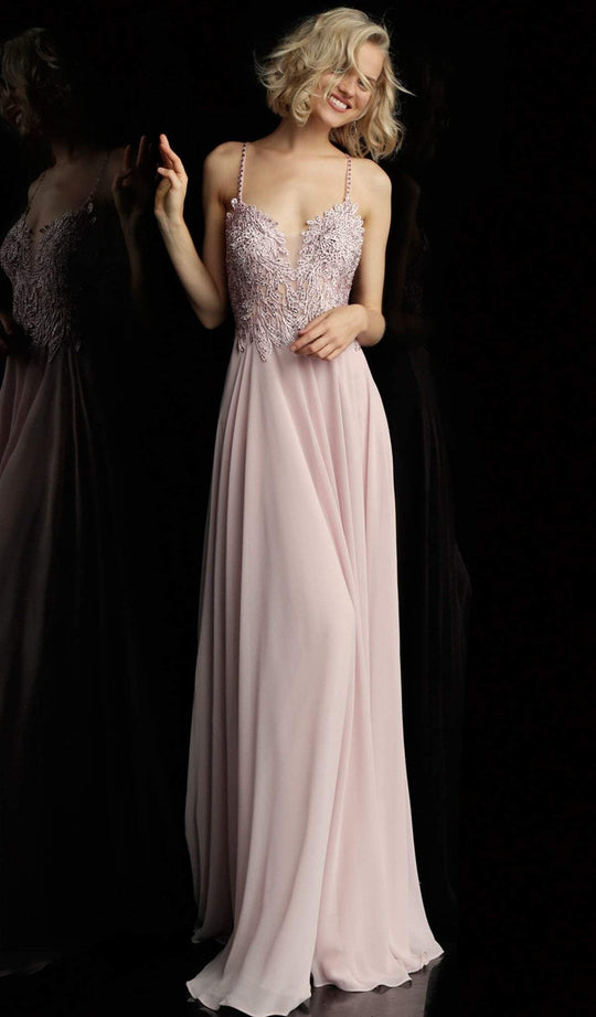 Jovani - JVN65900 Embroidered Plunging V-neck A-line Dress In Purple