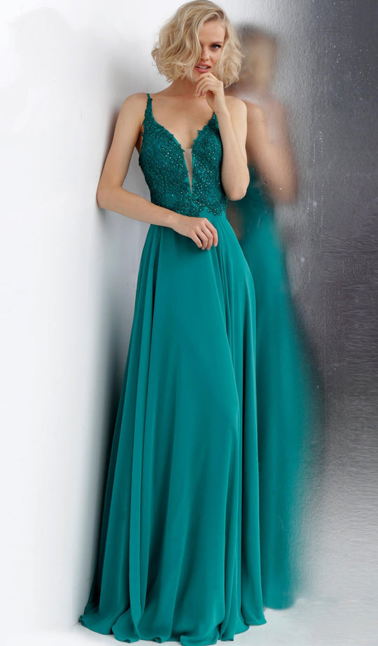 Jovani - JVN65904 Sleeveless Embellished Deep V-neck A-line Dress In Green