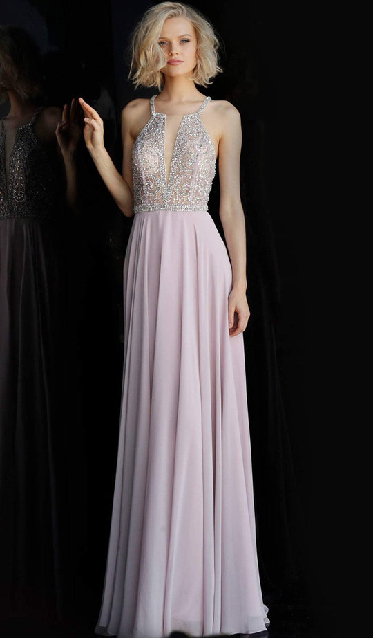 Jovani - JVN66050 Crystalline Bodice Plunging Halter Gown In Purple