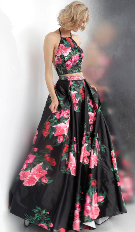 Jovani - JVN66058 Two Piece Floral Printed and Embellished Ballgown in Black and Print