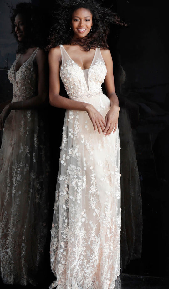 Jovani - JVN66127 Floral Appliqued Tulle A-Line Gown in Pink