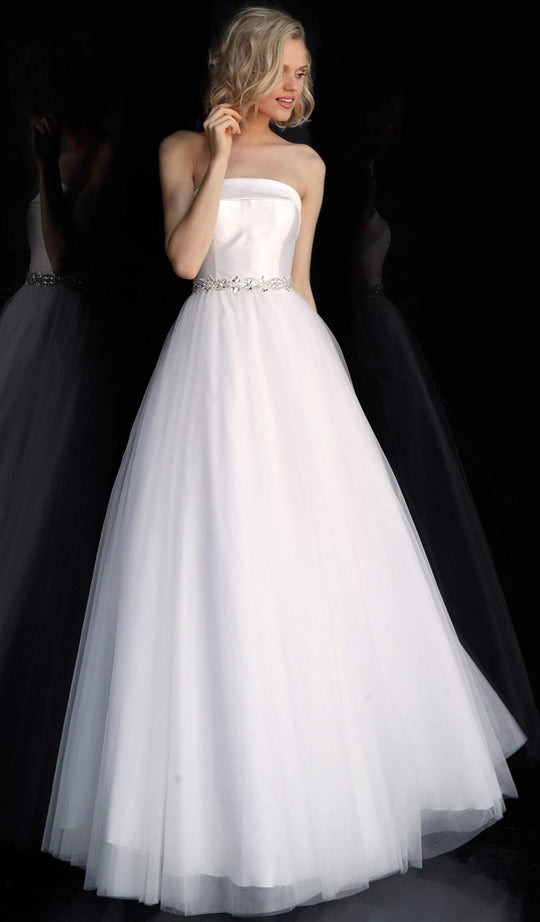 Jovani - JVN66687 Strapless Embellished Straight Across Neck Ballgown In White