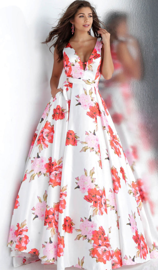 Jovani - JVN66721 Floral Printed Deep V-neck Pleated Ballgown in White and Print