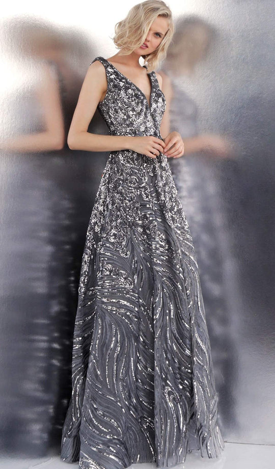 Jovani - JVN66727 Embellished Plunging V-neck Ballgown In Grey