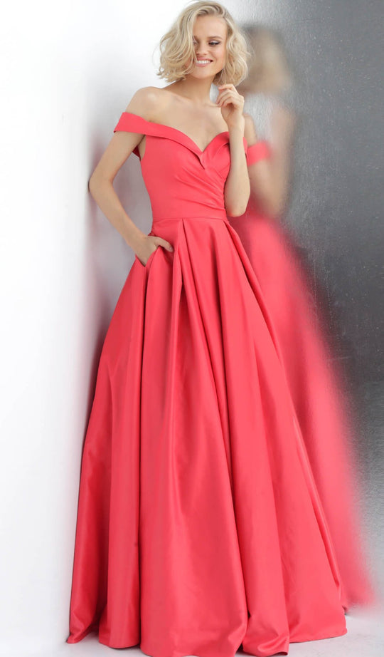 Jovani - JVN66894 Pleated Off-Shoulder Ballgown In Red