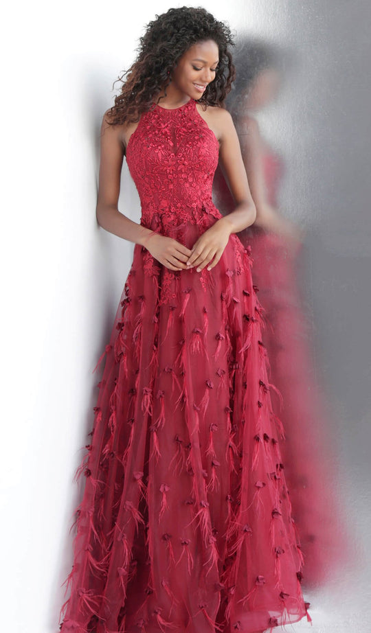 Jovani - JVN66966 Floral Applique and Embroidered A-line Dress in Red