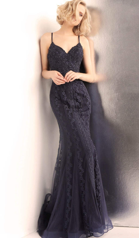 Jovani - JVN66969 Embellished V-neck Trumpet Dress With Train in Blue