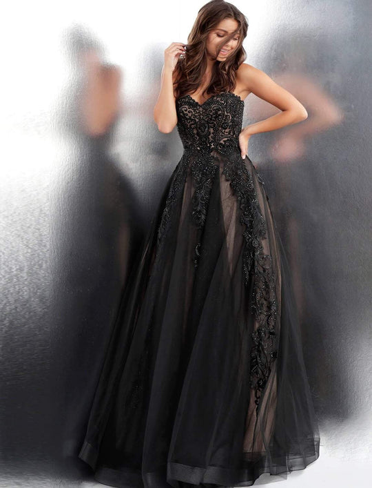 Jovani - Strapless Sweetheart Lace Ballgown JVN66970 In Black and Nude