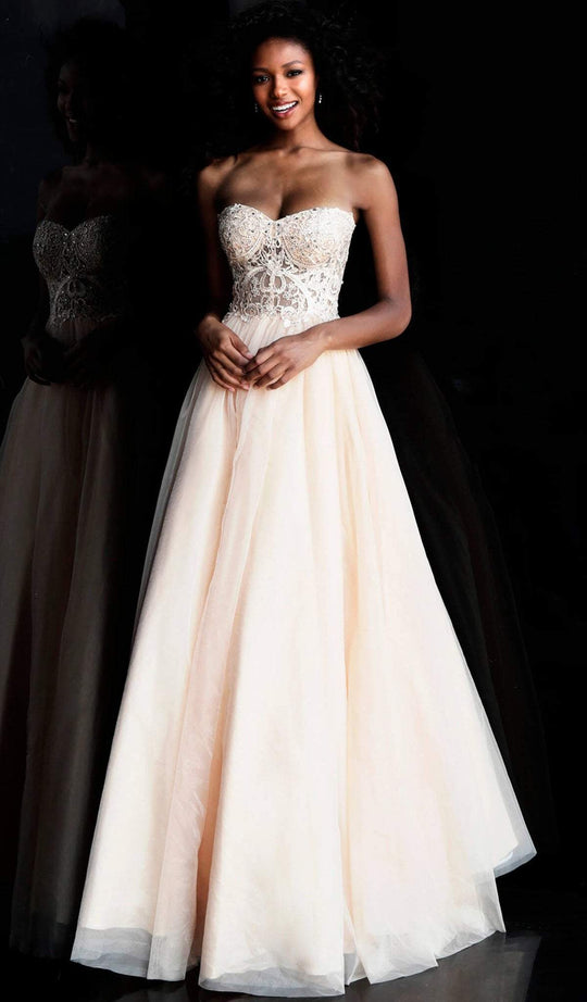 Jovani - JVN67048 Strapless Embroidered Pleated Ballgown In Nude