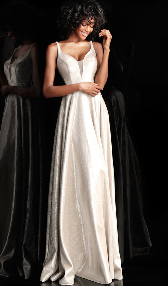 Jovani - JVN67050 Metallic Plunging Sweetheart A-Line Gown in Silver