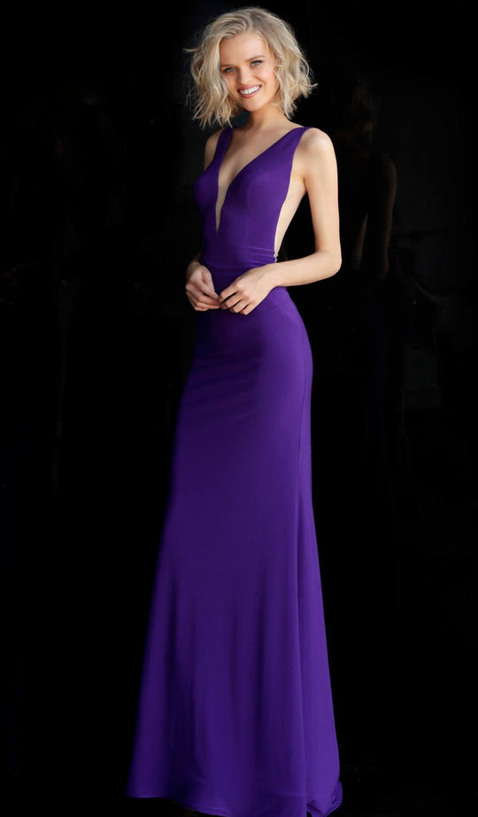 Jovani - JVN67096 Sleeveless Deep V-neck Jersey Trumpet Dress in Purple