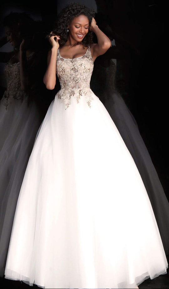 Jovani - JVN67127 Embroidered Scoop Neck Ballgown in White