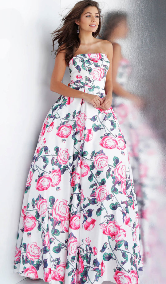 Jovani - JVN67131 Fold-Accented Strapless Floral Ballgown in White and Print