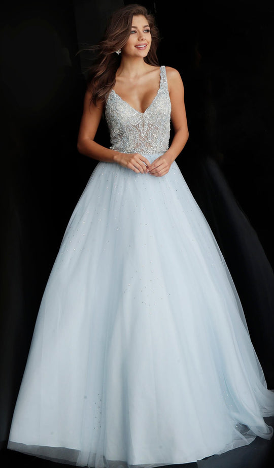 Jovani - JVN67134 Crystal-Studded Illusion Bodice Ballgown in Blue