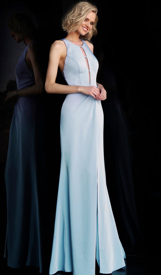 Jovani - JVN67262 Jewel Neck Trumpet Dress With Criss Cross Open Back in Blue