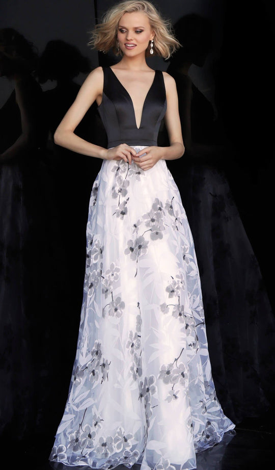 Jovani - JVN67273 Floral Print Plunging A-Line Gown in Black and White