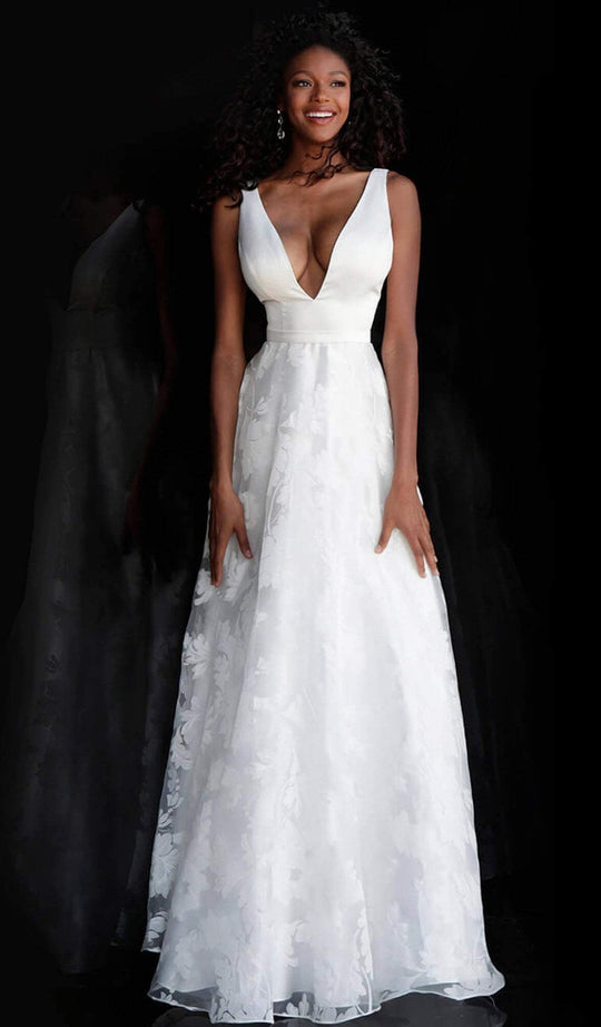 Jovani - JVN67274 Deep V-neck Floral Patterned A-line Dress in White
