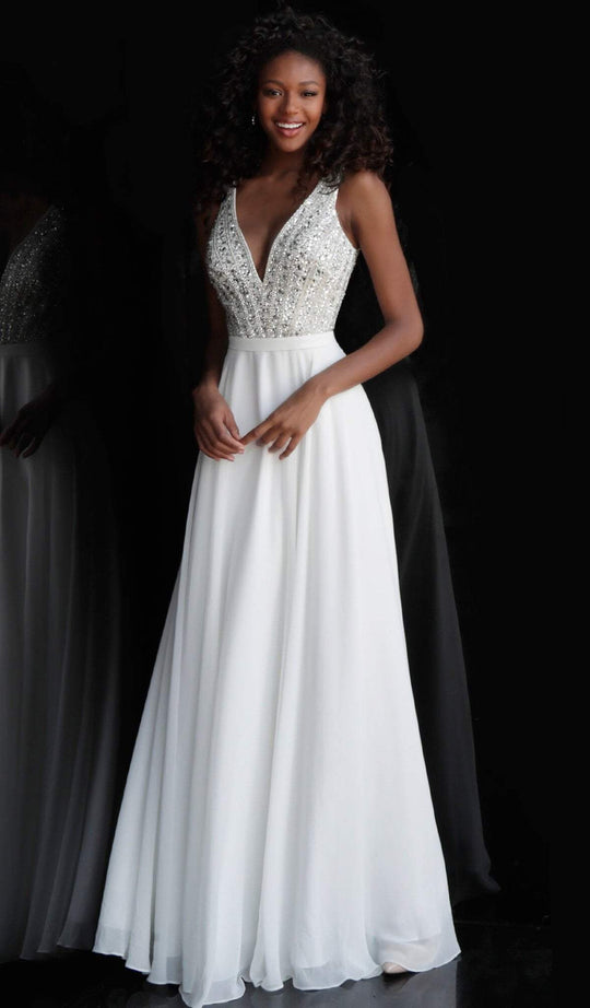 Jovani - JVN67285 Embellished Plunging V-neck A-line Dress In White