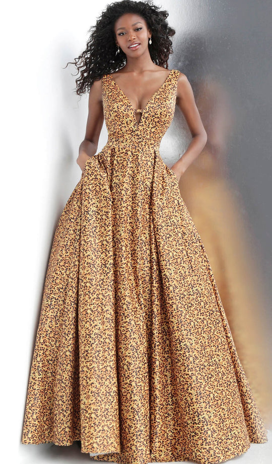 Jovani - JVN67515 Plunging V-Neck Animal Print Ballgown in Yellow and Print