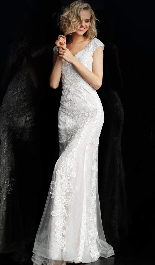Jovani - JVN67611 Lace Embroidered V-neck Trumpet Dress in Ivory