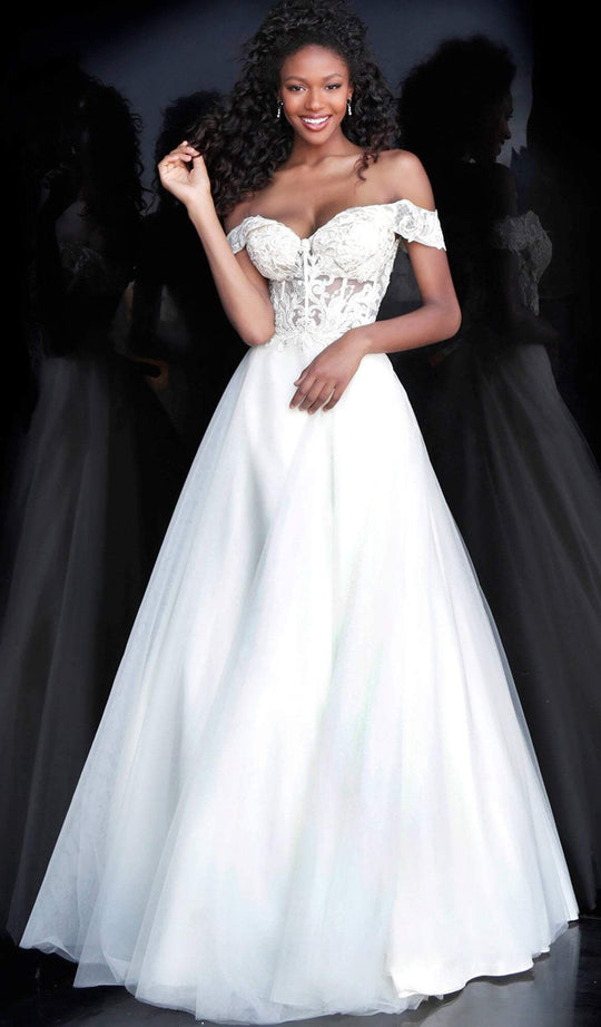 Jovani - JVN67612 Embroidered Off-Shoulder Ballgown With Lace Up Back in Champagne