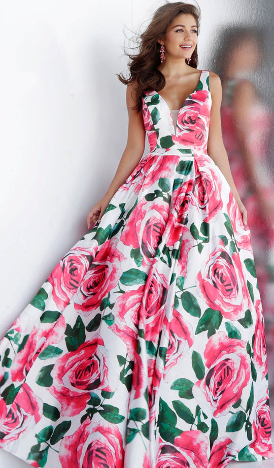 Jovani - JVN67696 Plunging V Neck Floral A-Line Evening Dress In Multicolor