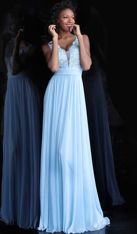 Jovani - JVN67724 Embellished Deep V-neck Ruched A-line Dress in Blue