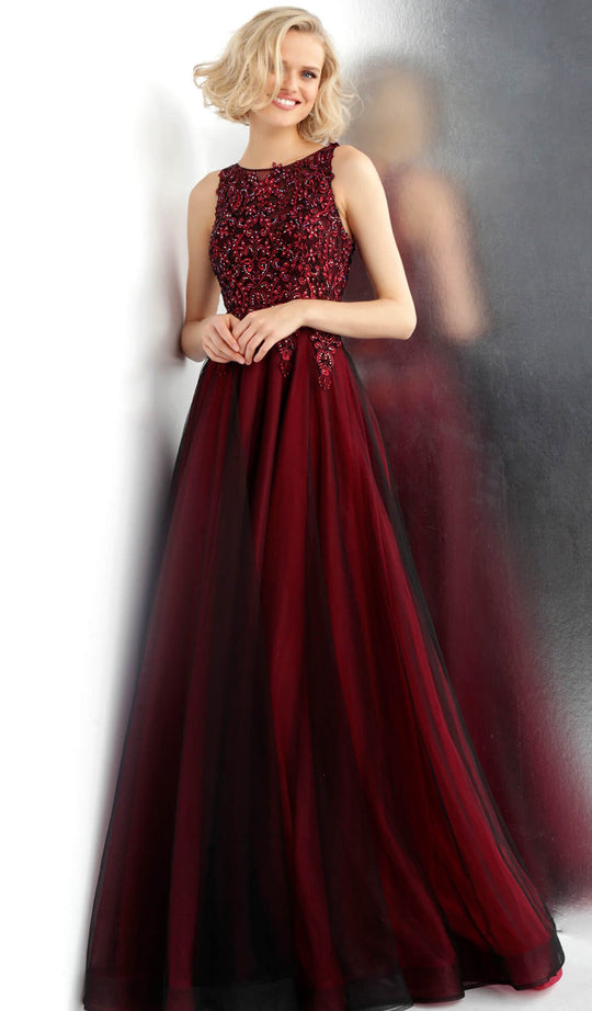 Jovani - JVN67782 Embroidered Bateau Ballgown With Sheer Back in Red