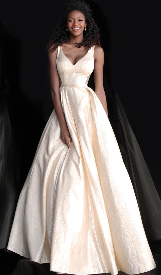 Jovani - JVN67880 V-Neck Illusion Cutouts Ballgown In Gold