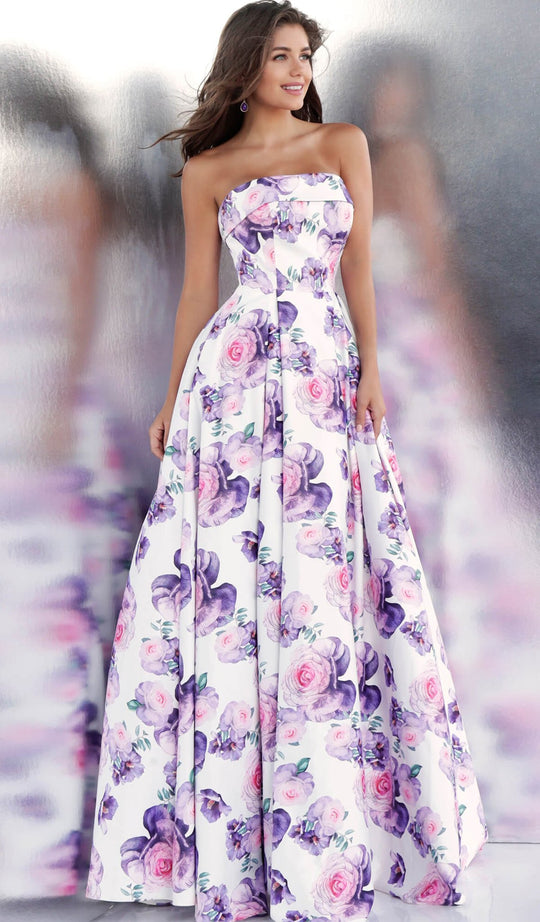 Jovani - JVN67999 Strapless Floral Pleated Ballgown In White