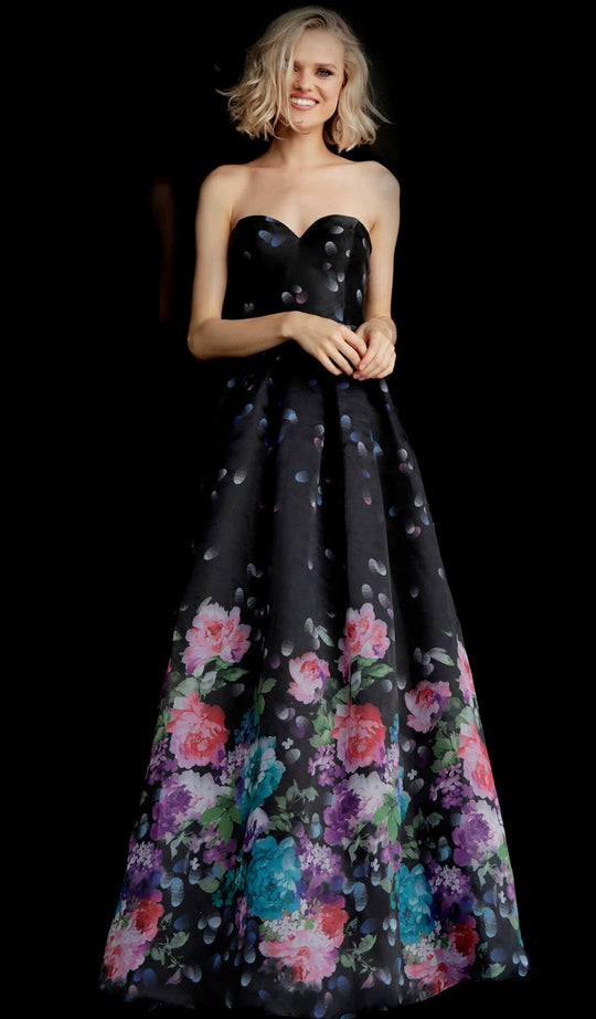 Jovani - JVN68111 Floral Strapless A-Line Evening Gown In Black