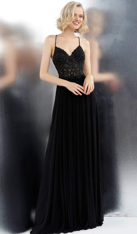 Jovani - JVN68263 Lace Ornate Bodice Criss Cross Back Prom Dress in Black