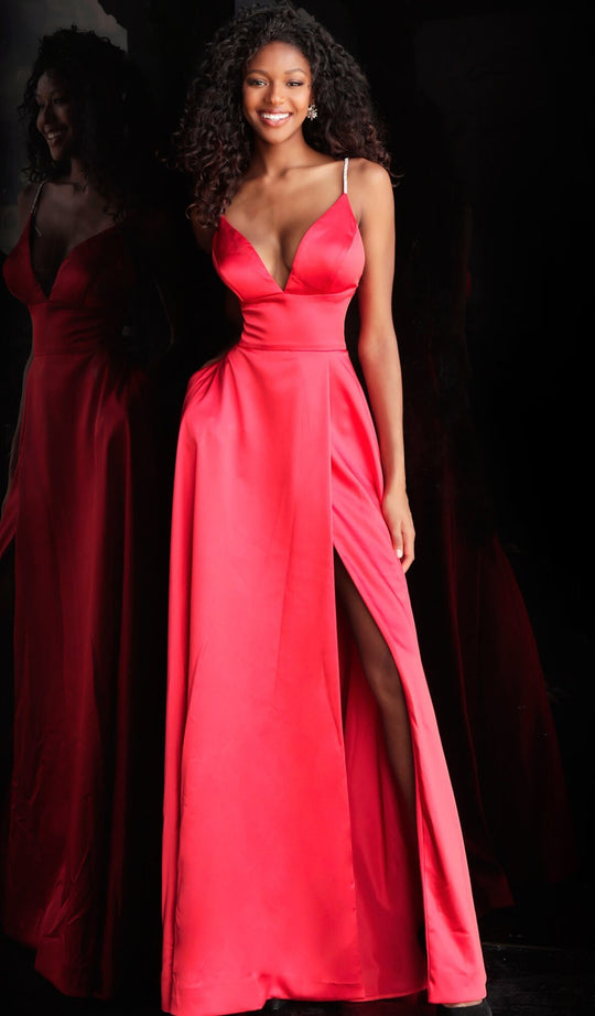 Jovani - JVN68314 Embellished Deep V-neck A-line Dress With Slit In Red