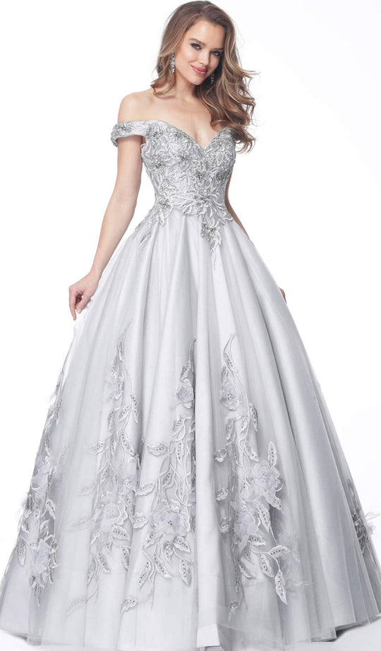 Jovani - 59065 Floral Embroidered Off-Shoulder Ballgown In Silver