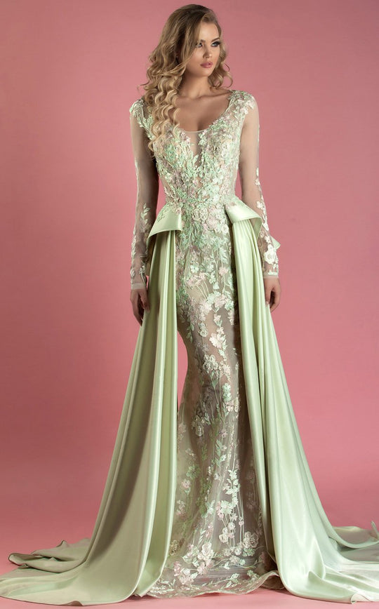 MNM COUTURE - K3559 Long Sleeves Floral Embellished Gown In Green