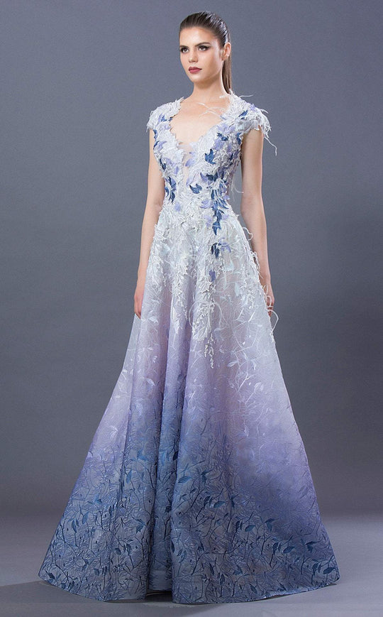 MNM COUTURE - K3656 Embroidered Scoop A-line Dress In Blue  and Silver