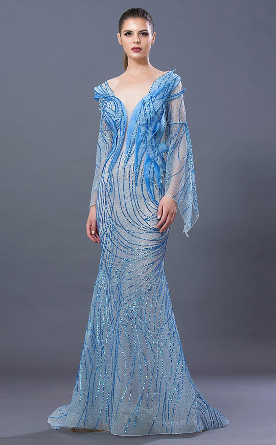 MNM COUTURE - K3657 Embellished Plunging V-neck Trumpet Dress In Blue