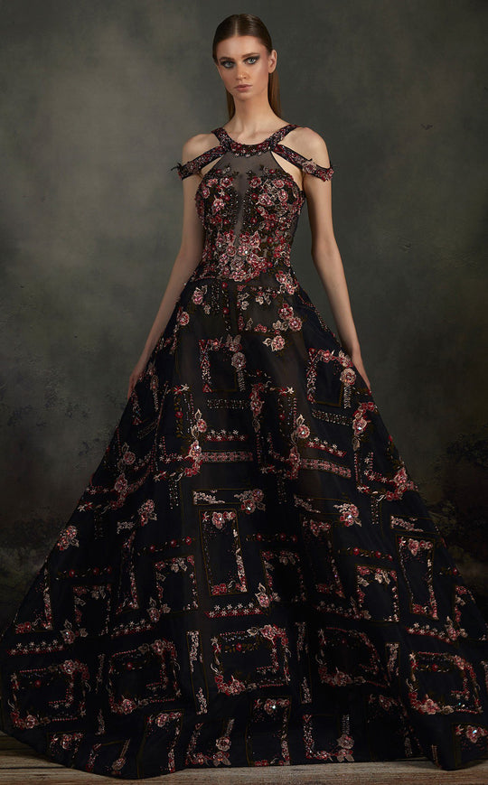 MNM COUTURE - K3660 Bedazzled Halter A-line Gown In Black and Red