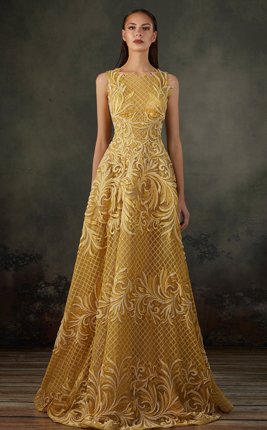 MNM COUTURE - K3665 Embroidered Bateau A-line Gown In Yellow