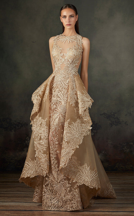 MNM COUTURE - K3666 Embroidered Jewel A-line Dress In Neutral