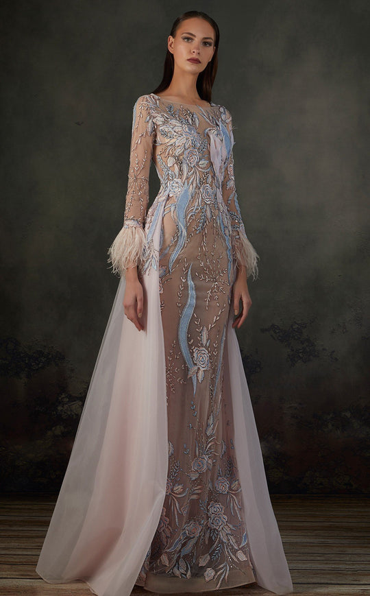 MNM COUTURE - K3668 Embroidered Long Sleeve Bateau Trumpet Dress In Pink