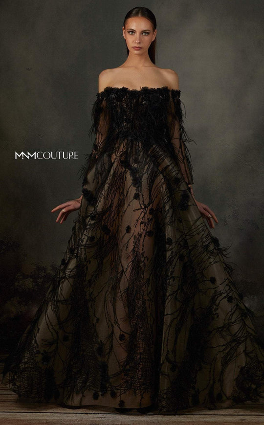 MNM COUTURE - K3689 Feathered Off-Shoulder A-line Gown In Black
