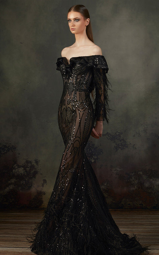 MNM COUTURE - K3690 Bedazzled Off-Shoulder Mermaid Dress In Black