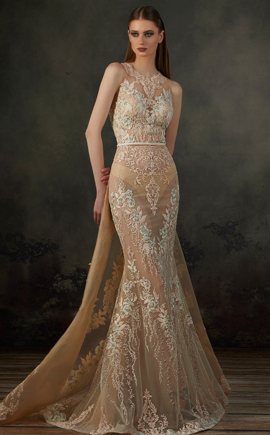 MNM COUTURE - K3692 Embroidered Jewel Neck Mermaid Dress In Neutral